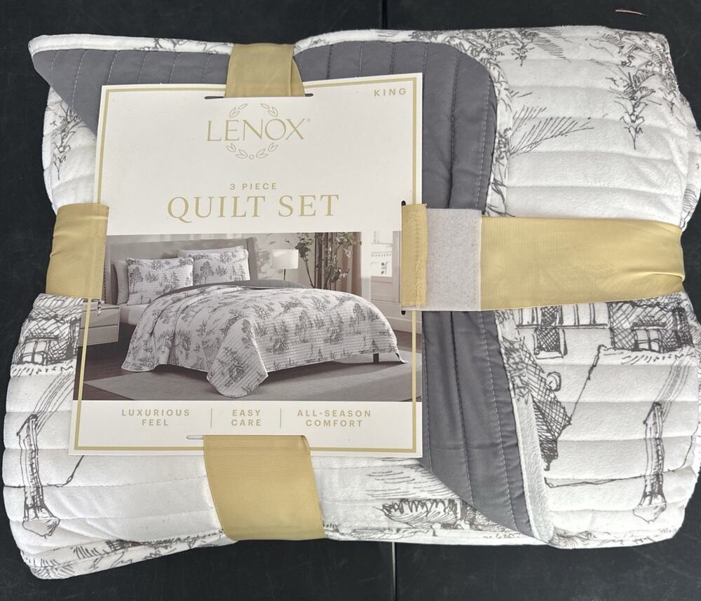 Lenox 3 Piece Quilt Set Full King White Floral All Season Comforter Bedding New
